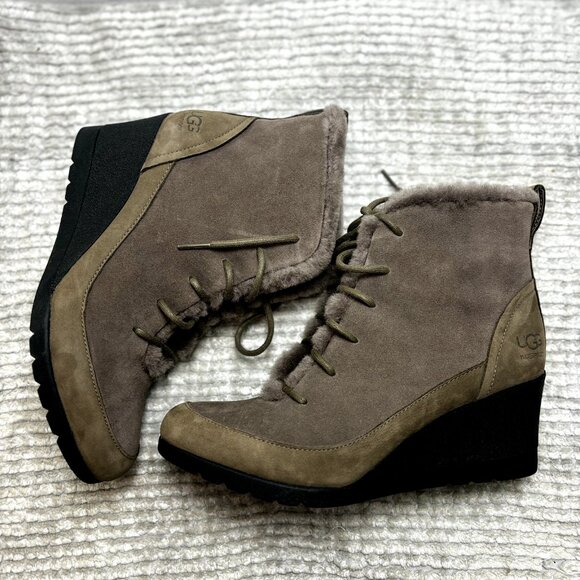 UGG Bridgit US 8 EU 39 Women’s Dark Gray Waterproof Suede Wedge Heel Ankle Boots - Picture 12 of 12